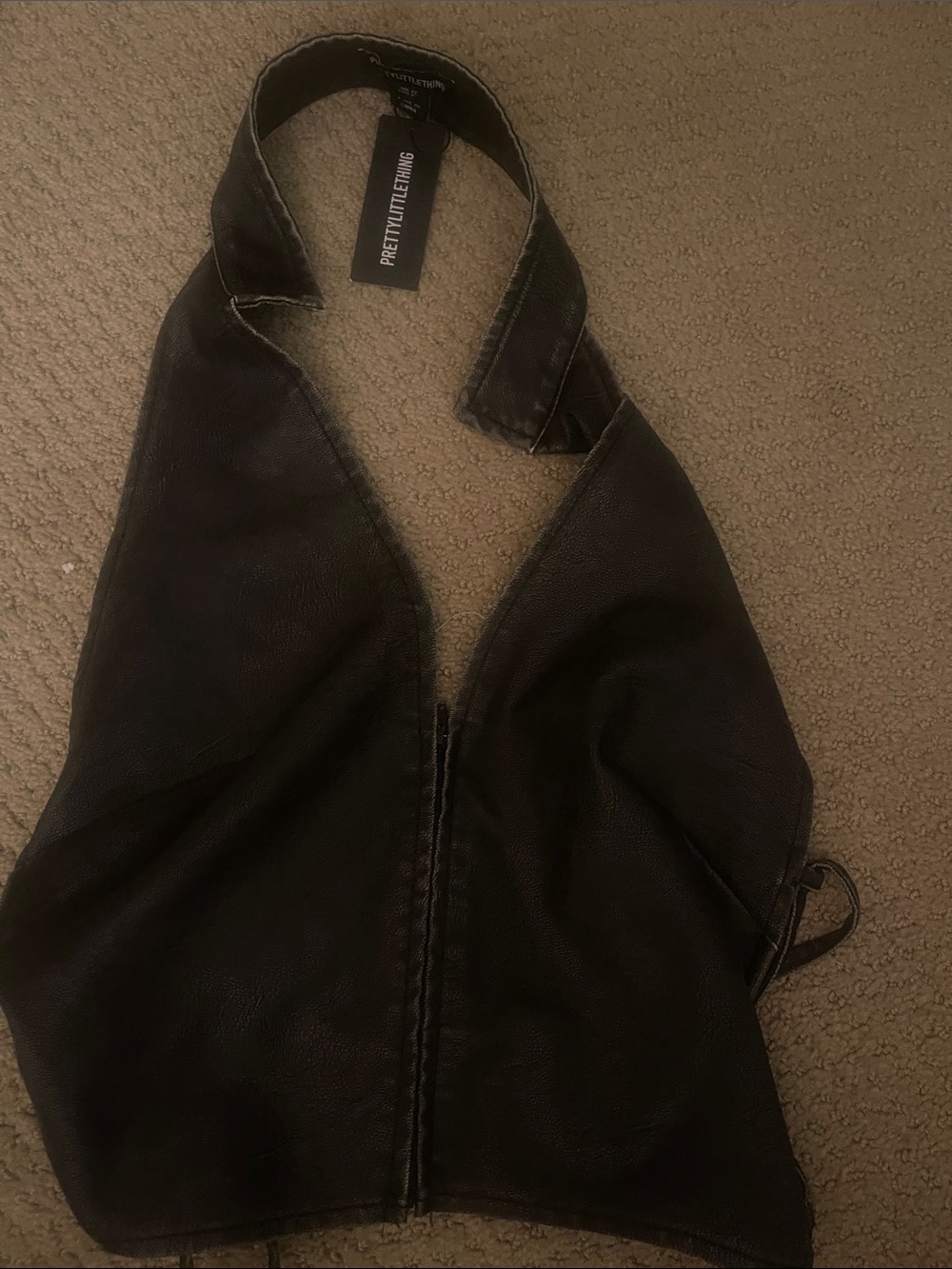 PrettyLittleThing Black Halter Faux Leather Zip Vest